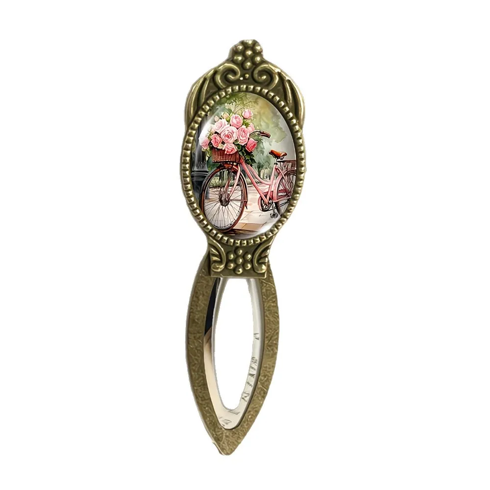 Pink Rose & Bicycle Vintage Bookmark – Oval Glass Cabochon Handmade Book Accessory, Romantic Gift for Book Lovers, Women & Girls
